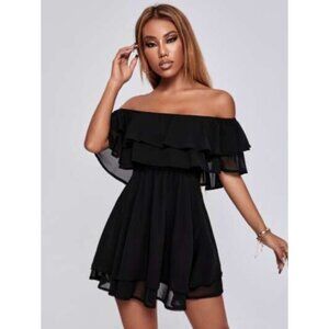 Womens Black Ruffled Off-Shoulder Chiffon Blouse Flowy Layered Design Size S